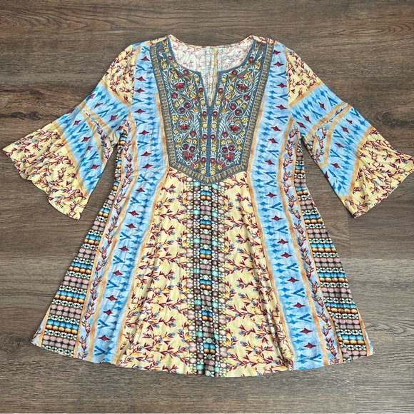 Soft Surroundings Embroidered Boho Tunic Top Medium Blue Multi Bell Sleeve - Picture 2 of 10